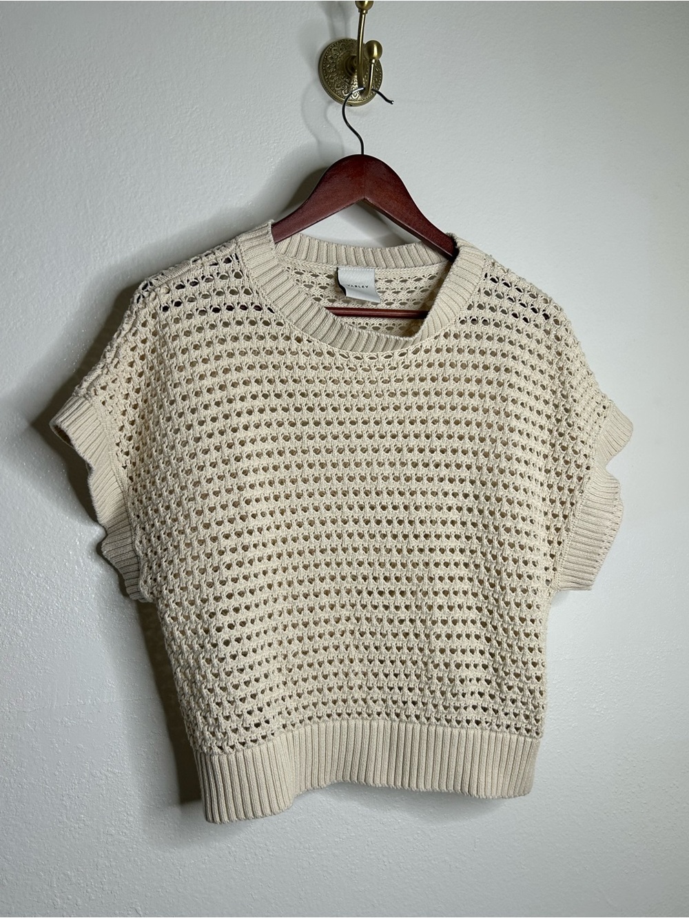 Varley 100% Cotton Textured Open Knit Julianna Short Sleeve Sweater Cream